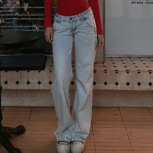 Retro Light Blue Low Waist Loose Draggle-tail Trousers