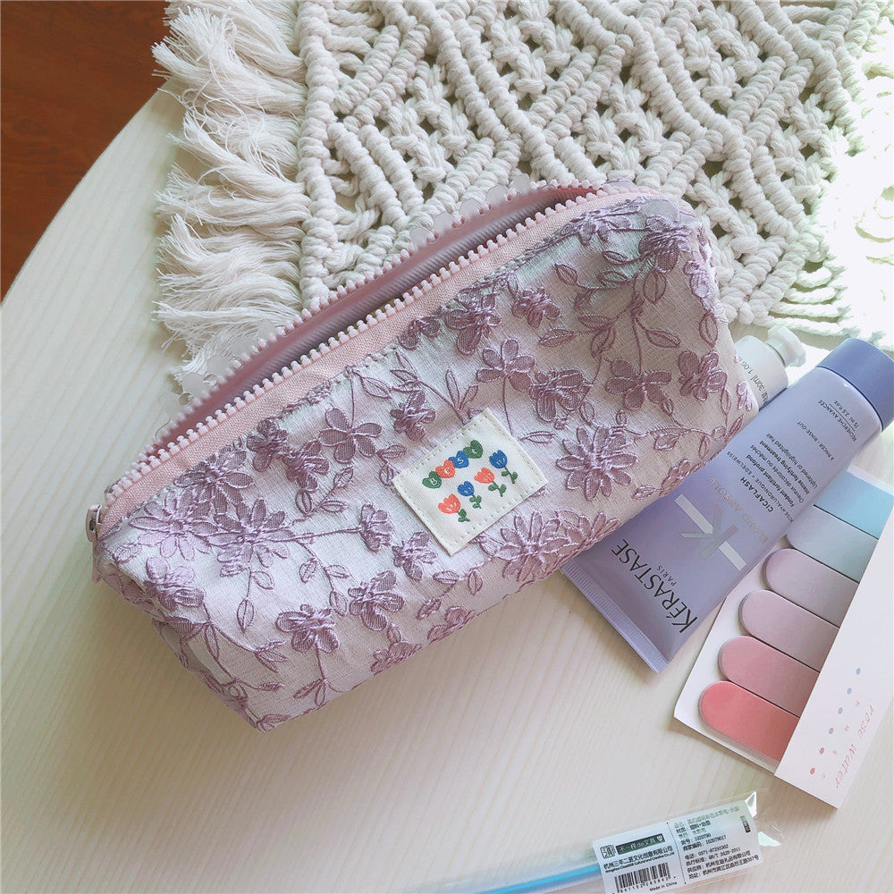 Cream Light Purple Salt Floral Pen Bag
