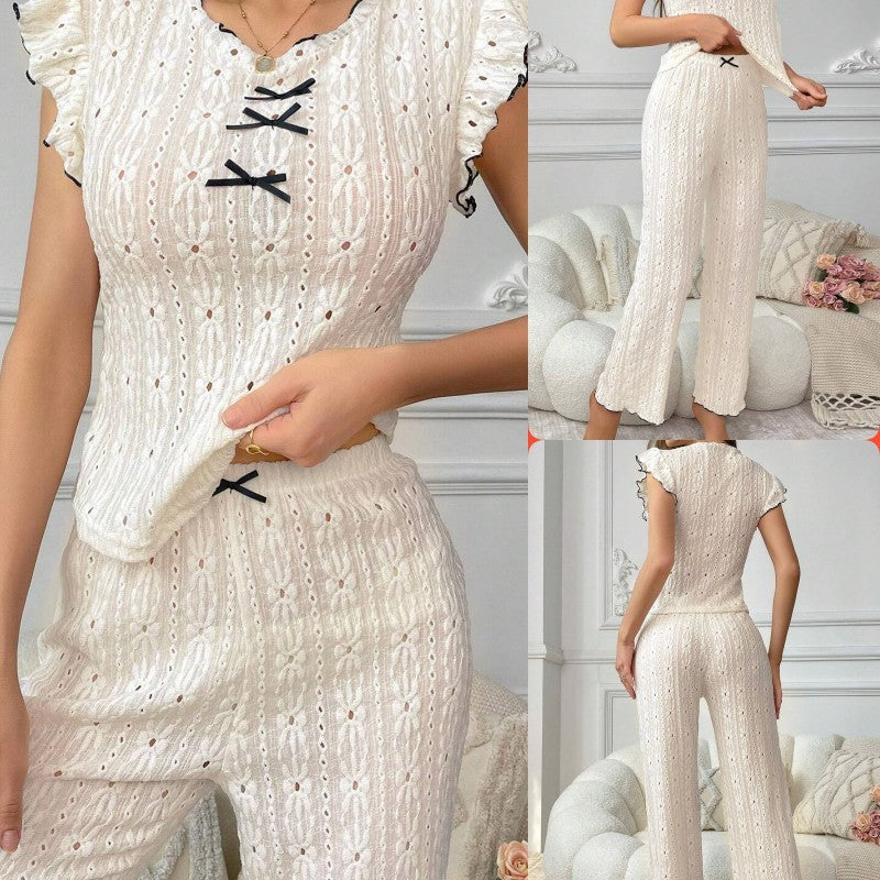 Womens Spring Summer Pajamas Luxe Lace-Trimmed Textured Floral Design Loungewear