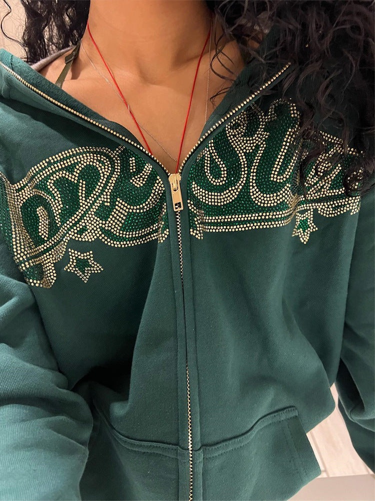 Rhinestone Letters Printed Loose Sweatshirt