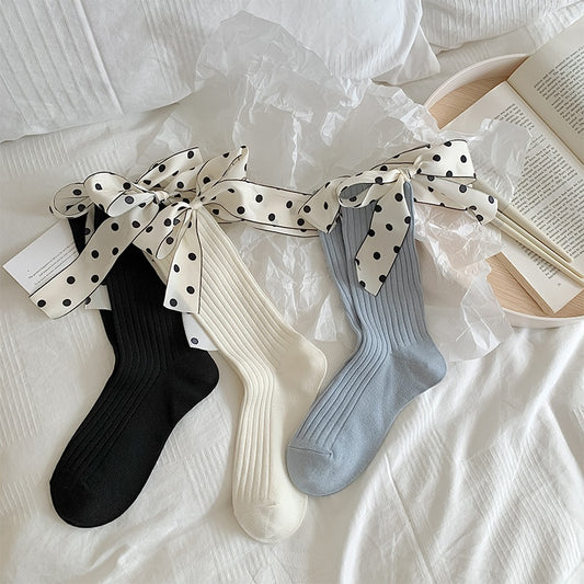 Thin Pure Cotton Polka Dot Bow Socks Women