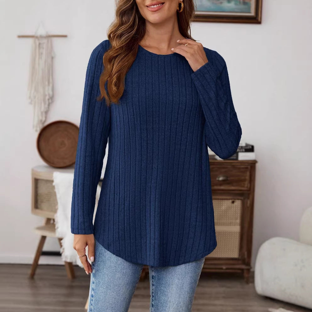 Womens Solid-Color T-Shirt With A Crew Neck Long Sleeves And Buttons