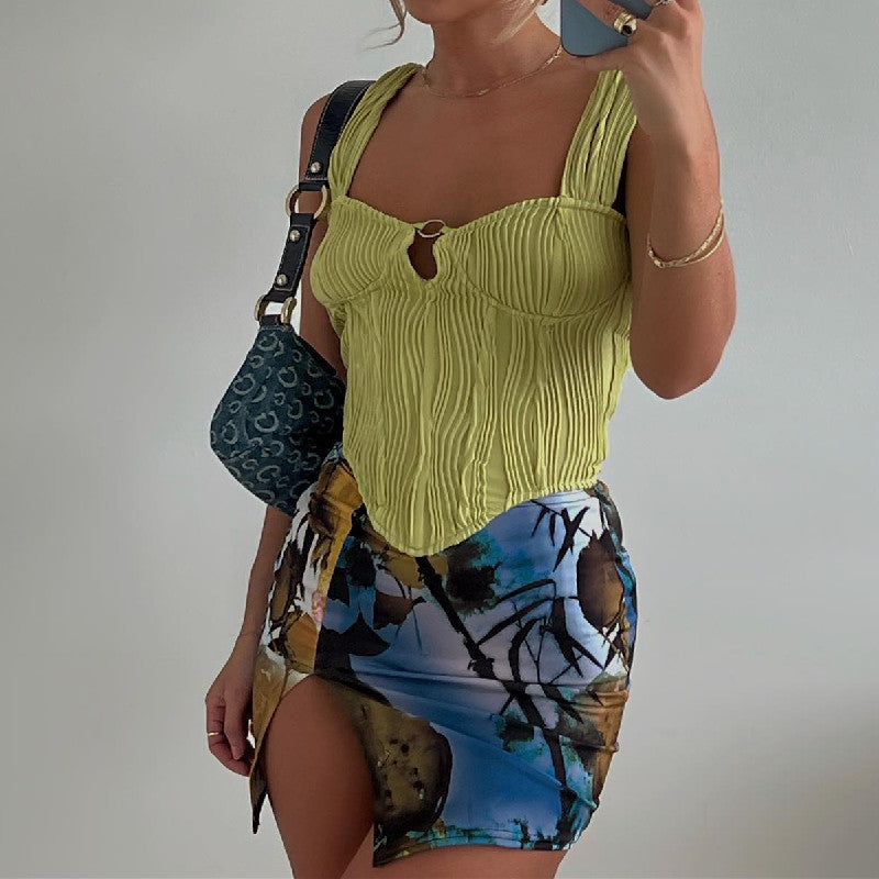 Summer Women's French Square Neck Pleated Camisole