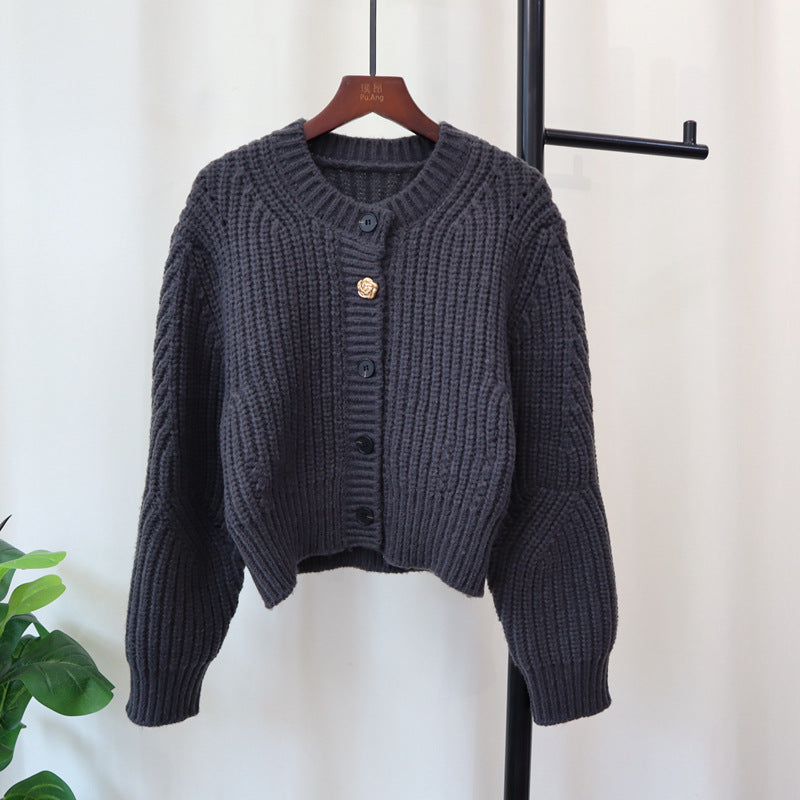Tykt Strikket Design Sense Niche Sweaterjakke Løs Rund Hals Langærmet Temperament