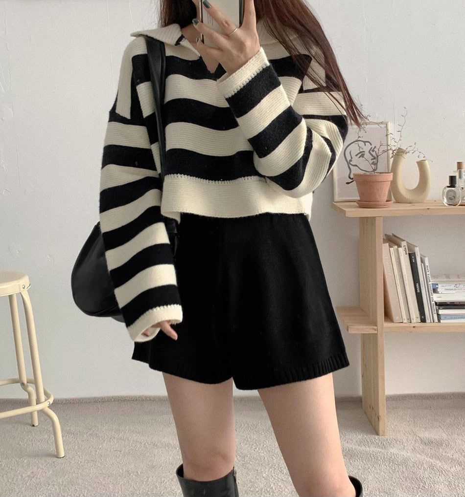 Lapel Loose Multicolor Women's Short Sweater