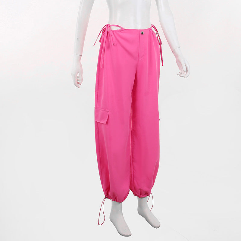 High Waist Hollow Drawcord Solid Leggings Cargo Pants