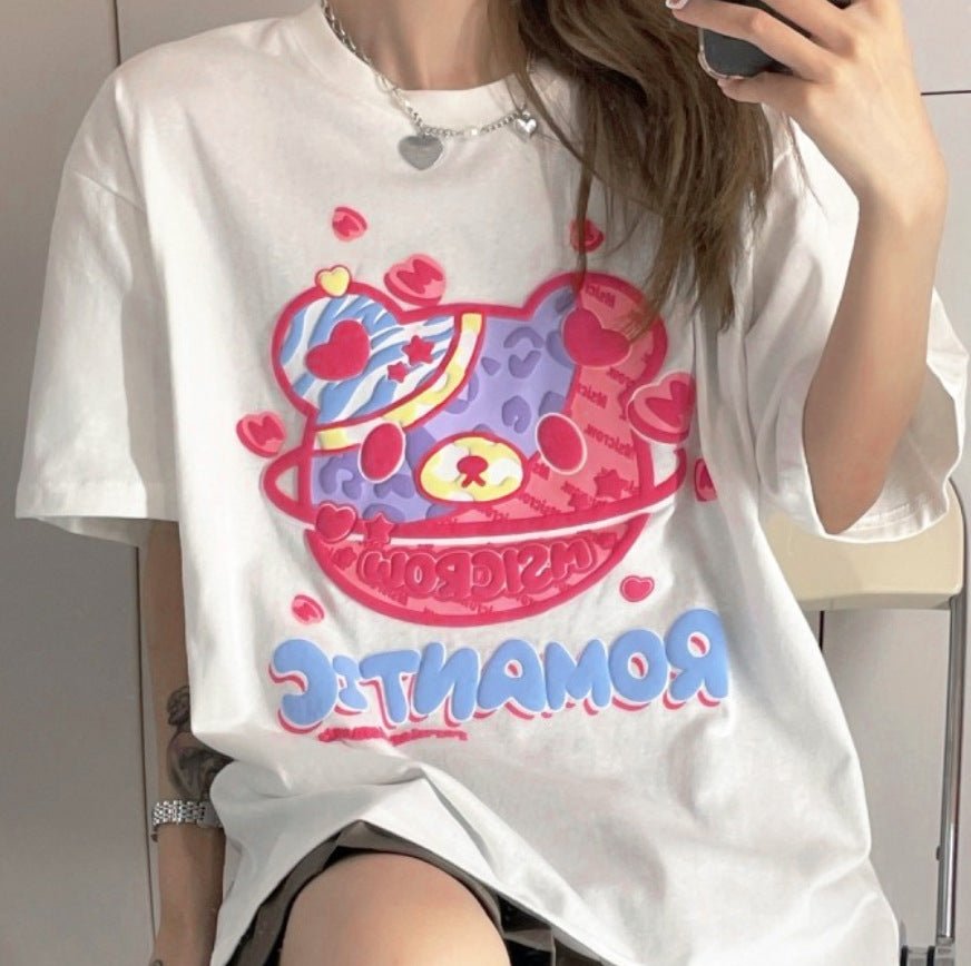 Women's Cotton Loose Foam Pattern Short Sleeve T-shirt