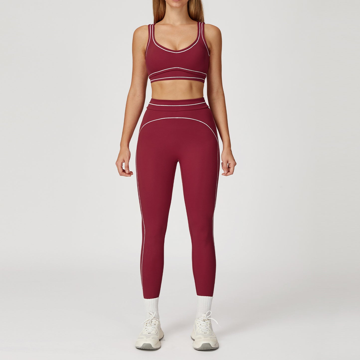 Contrast-color Brushed Yoga Set With Dual Shoulder Straps