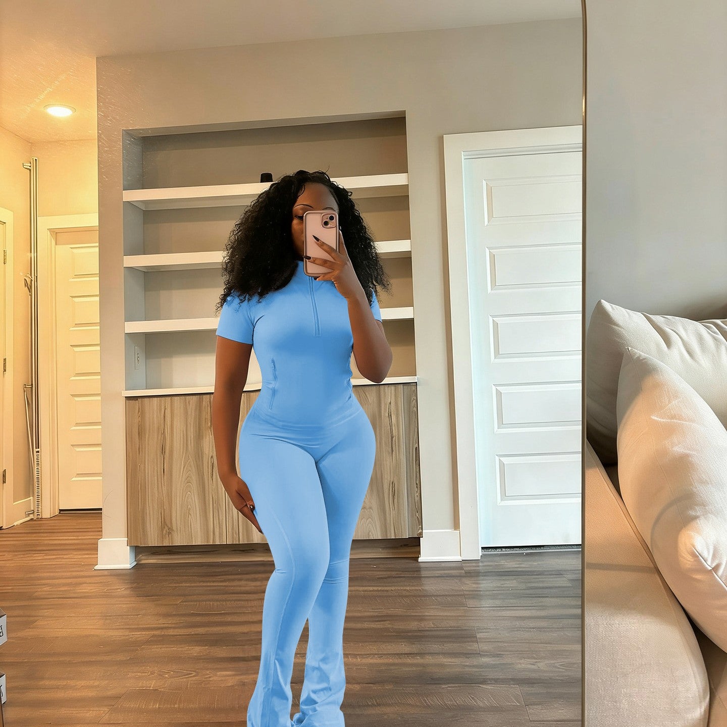 Stylish Casual V-neck Zip-up Two-piece Set