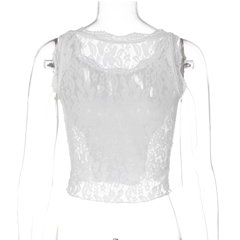 Ins Style Hot Girl Solid Color Stitching Lace Vest