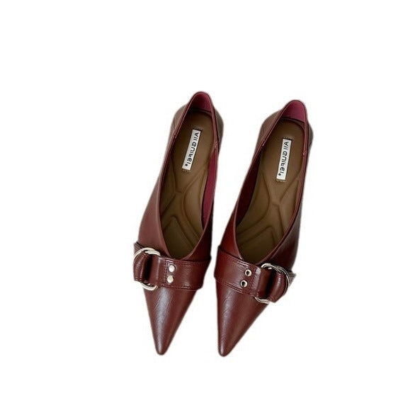 Metal Belt Buckle Soft Bottom Granny Shoes French Pointed Flat Bottom Pumps