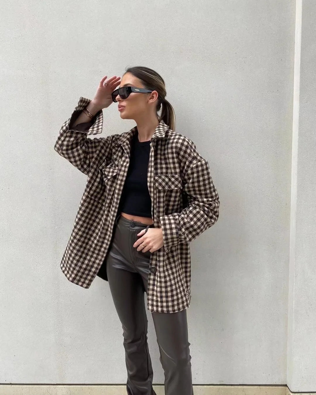 Coffee Color Plaid Loose Mid Length Shirt Jacket