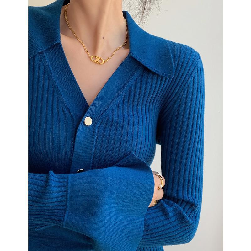 Fashionable Temperament Solid Color V-neck Knitted Cardigan