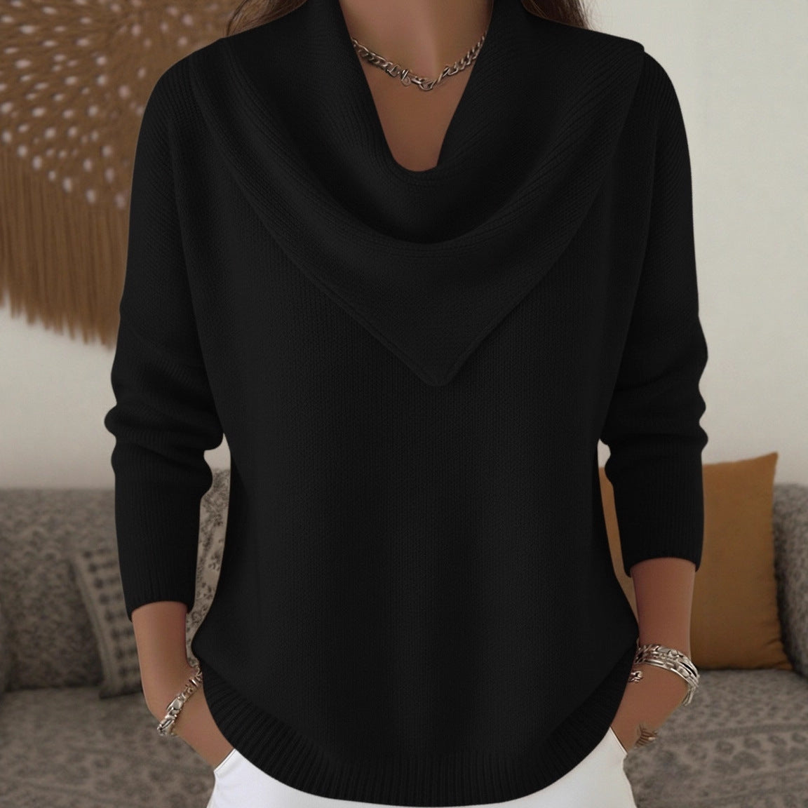 Womens Solid-color Long-sleeve Sweater Top