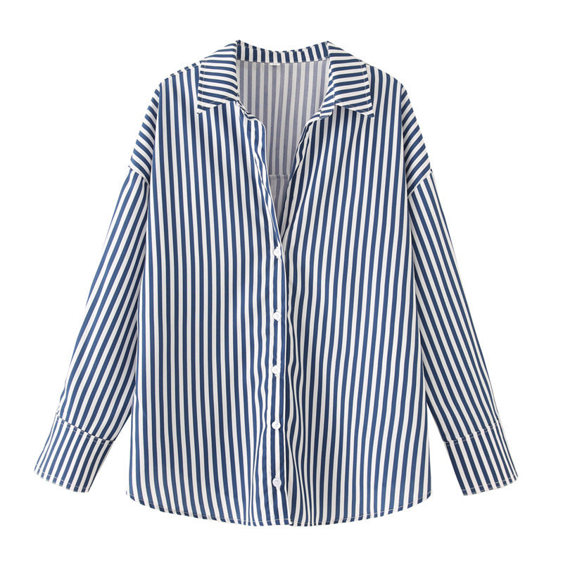 European And American Style Long Sleeve Lapel Loose Striped Poplin Shirt