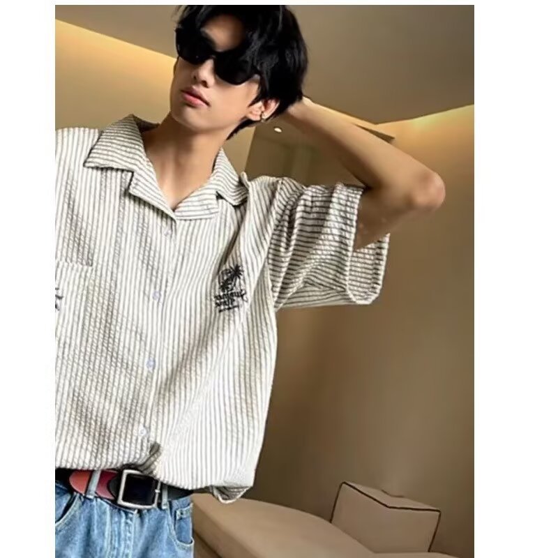 Men's Coconut Tree Embroidered Niche Design Casual Loose-fit Shirt