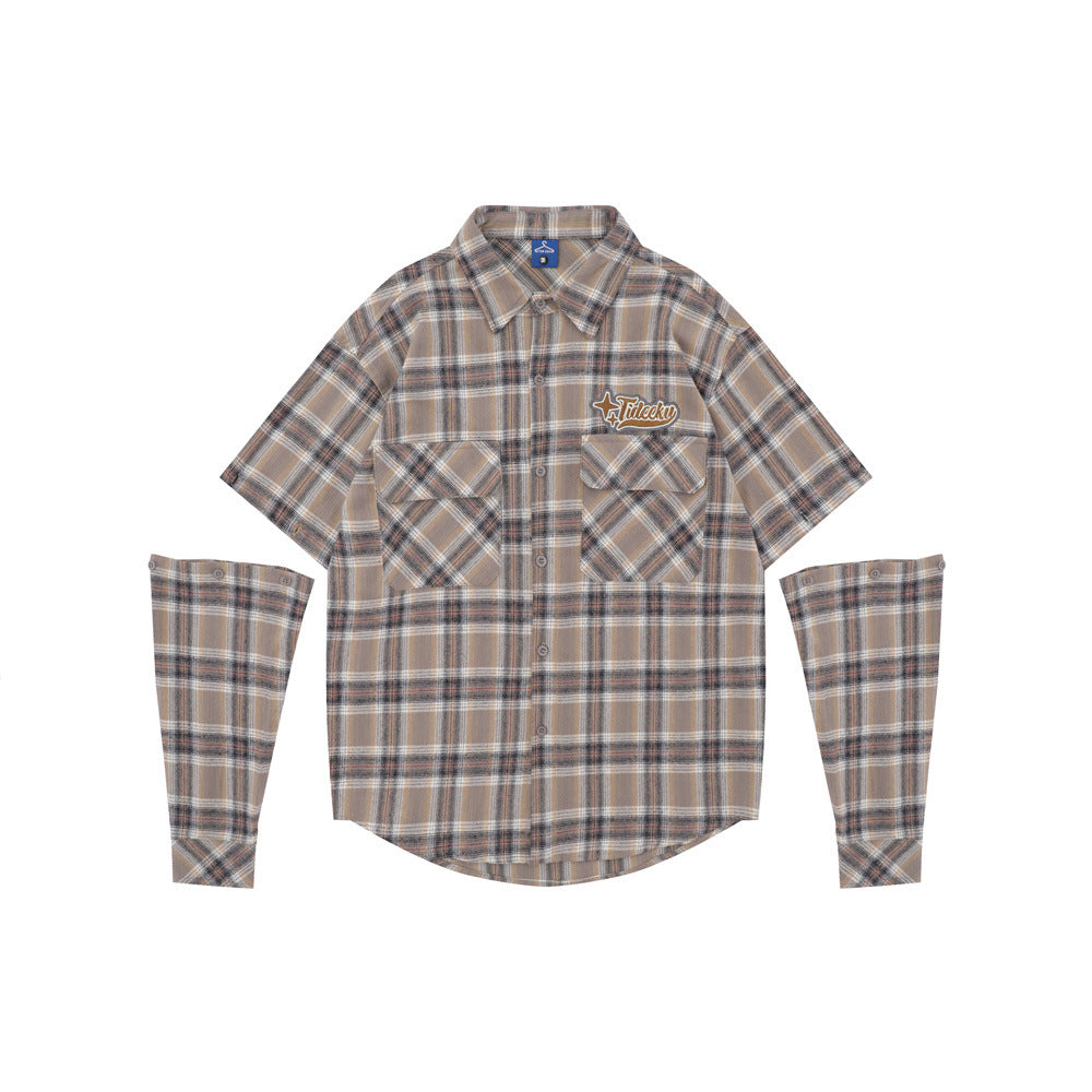 Plaid Long Sleeve Shirt Men's Sleeve Detachable Two-way Wear