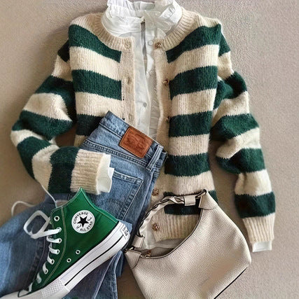 Dame Stribet Sort og Hvid Strikket Cardigan Løs og Behagelig Stil Høj Kvalitet Ydertøj Tyk Sweater