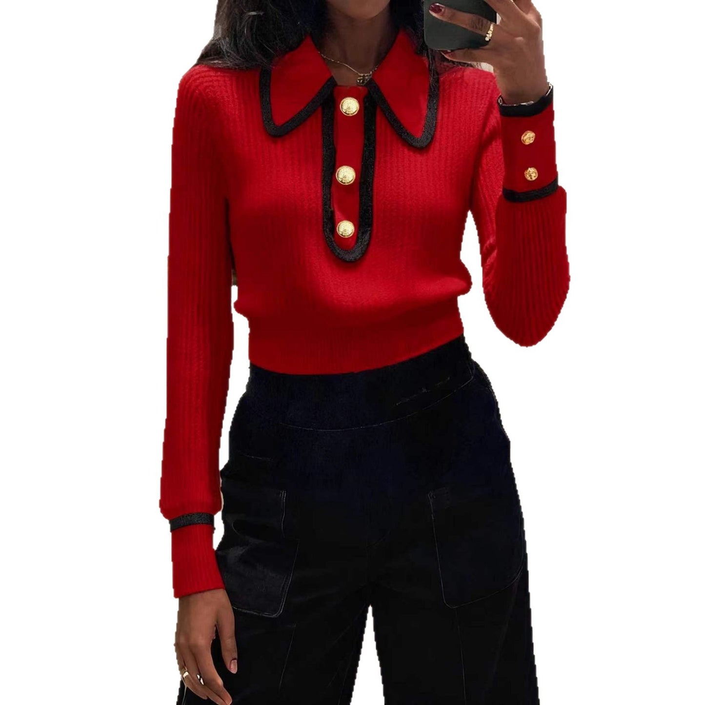 Designer-style Red Sweater With A Bold Color-block Design For Fall And Winter