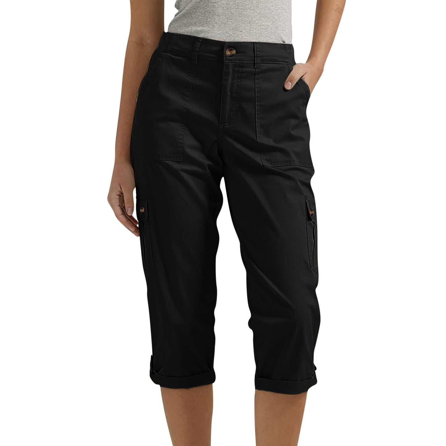 Solid-color Casual Cropped Pants With Multiple Pockets