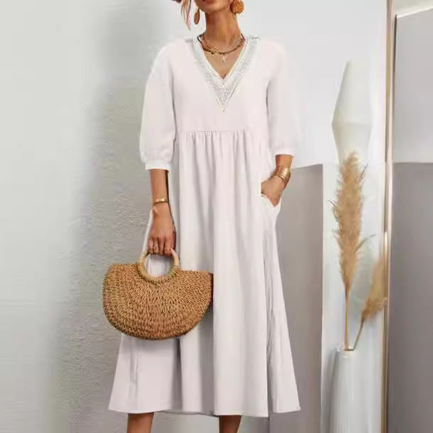 Solid-color Lantern-sleeve Loose Lace Dress