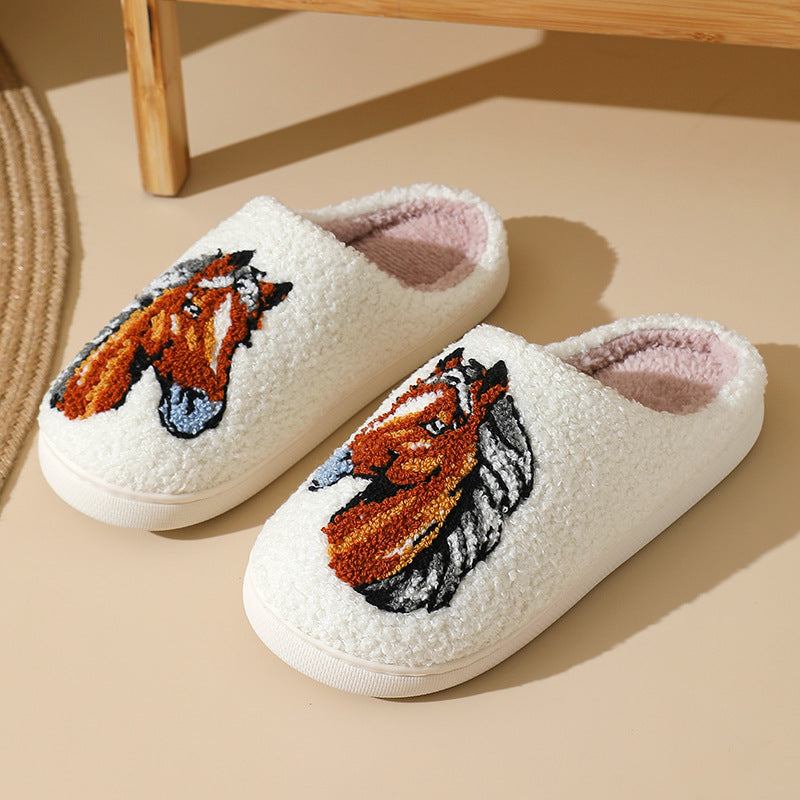 Comfortable Home Warm Cartoon Embroidery Horse Head Cotton Slippers