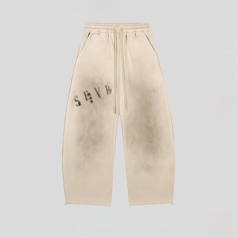 Womens American-Style Retro Distressed Letter-Print Sweatpants