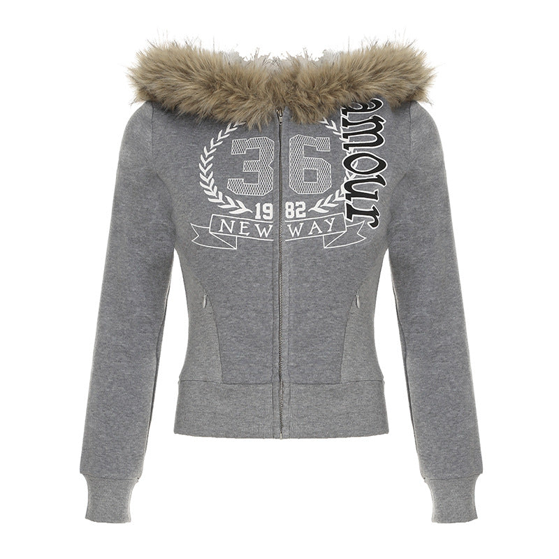 American Vintage Letter Print Fur Collar Hooded Zipper Sweatshirt