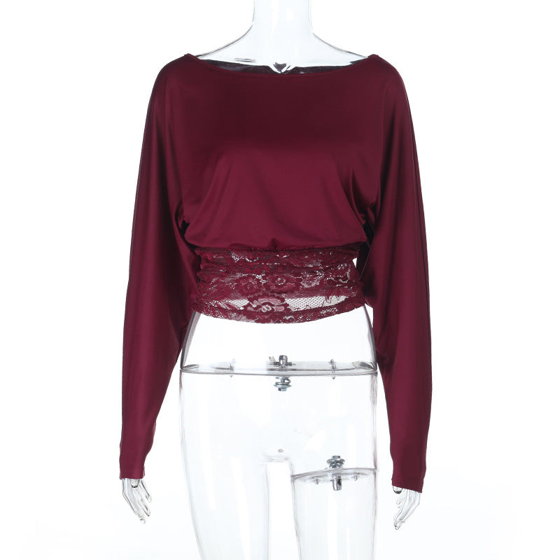 Women's Lace Patchwork Asymmetric Shoulder Top