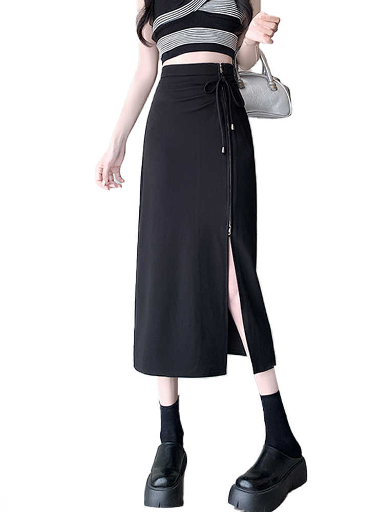 Irregular Slit Pleated Mid-length High Waist Sheath A- Line Skirt