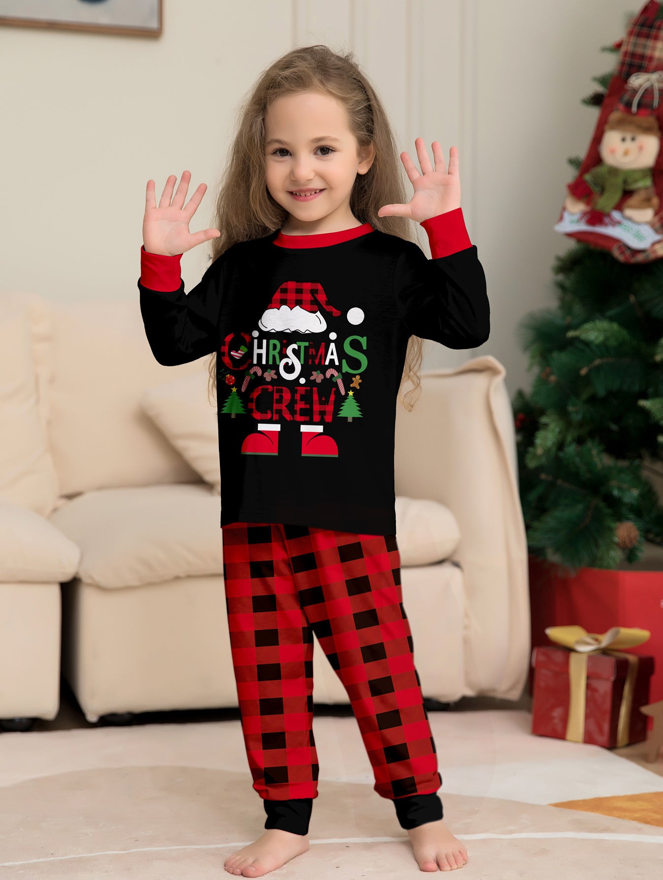 Christmas Hat Cartoon Letters Red And Black Plaid Printed Parent-child Christmas Suit