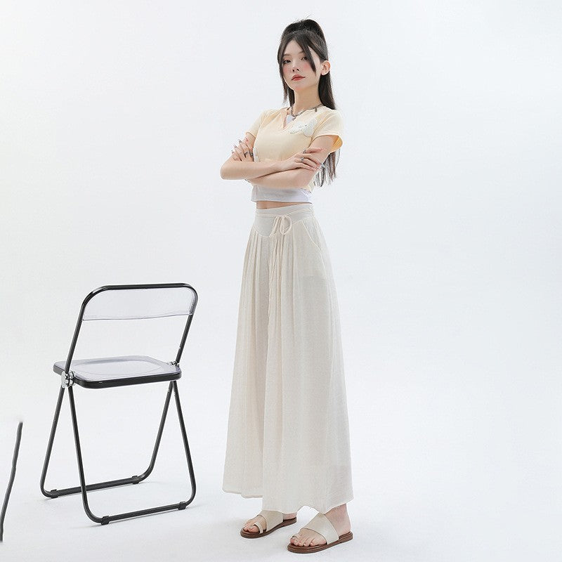 Summer Thin Design High Waist With Straps Slimming And Straight Drape Cropped Wide-leg Pants Skirt