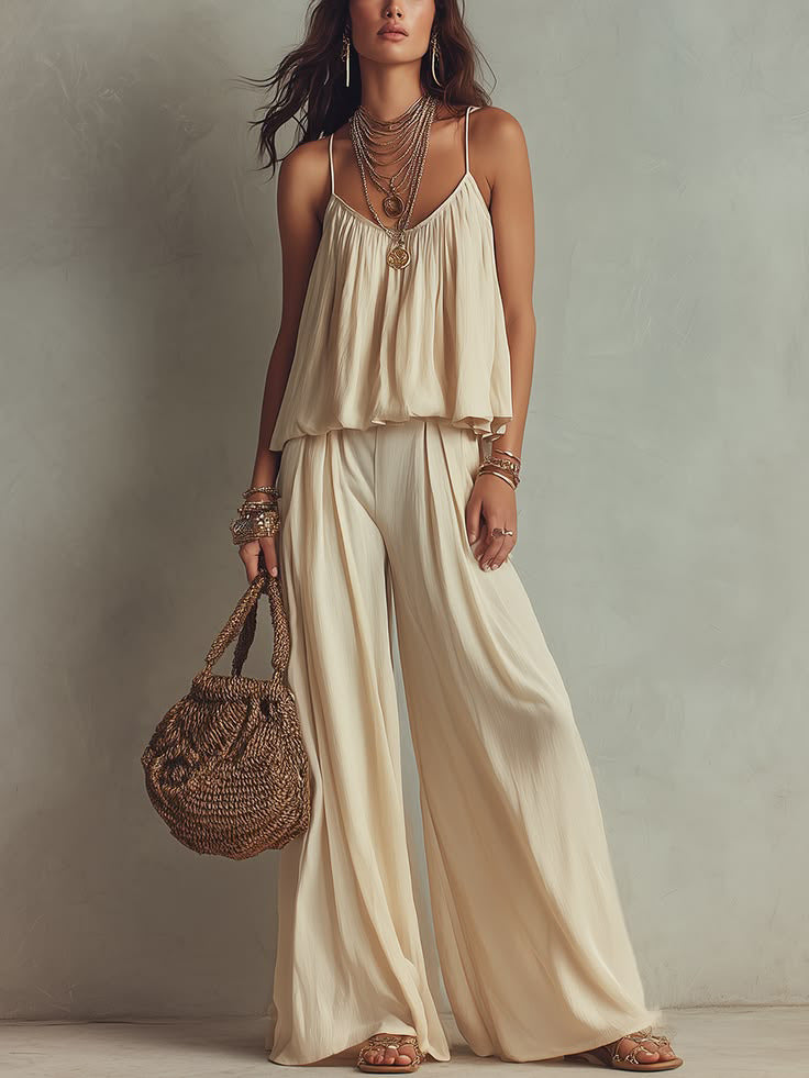 French-style Minimalist Slip Top And Wide-leg Pants Two-piece Set For Women