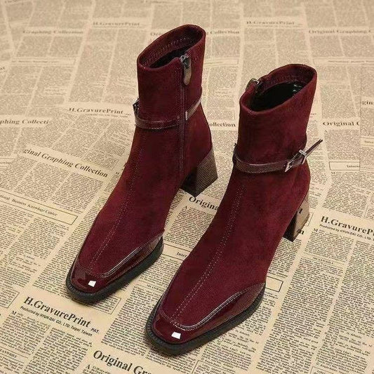Retro French British Style Black Square Toe Leather Suede Ankle Side Zip Boots