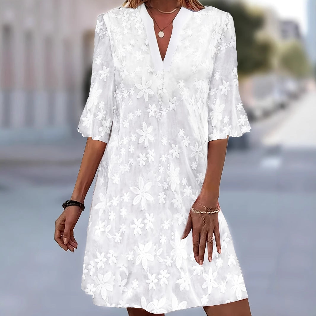 Womens White Floral Embroidery Elegant Dress