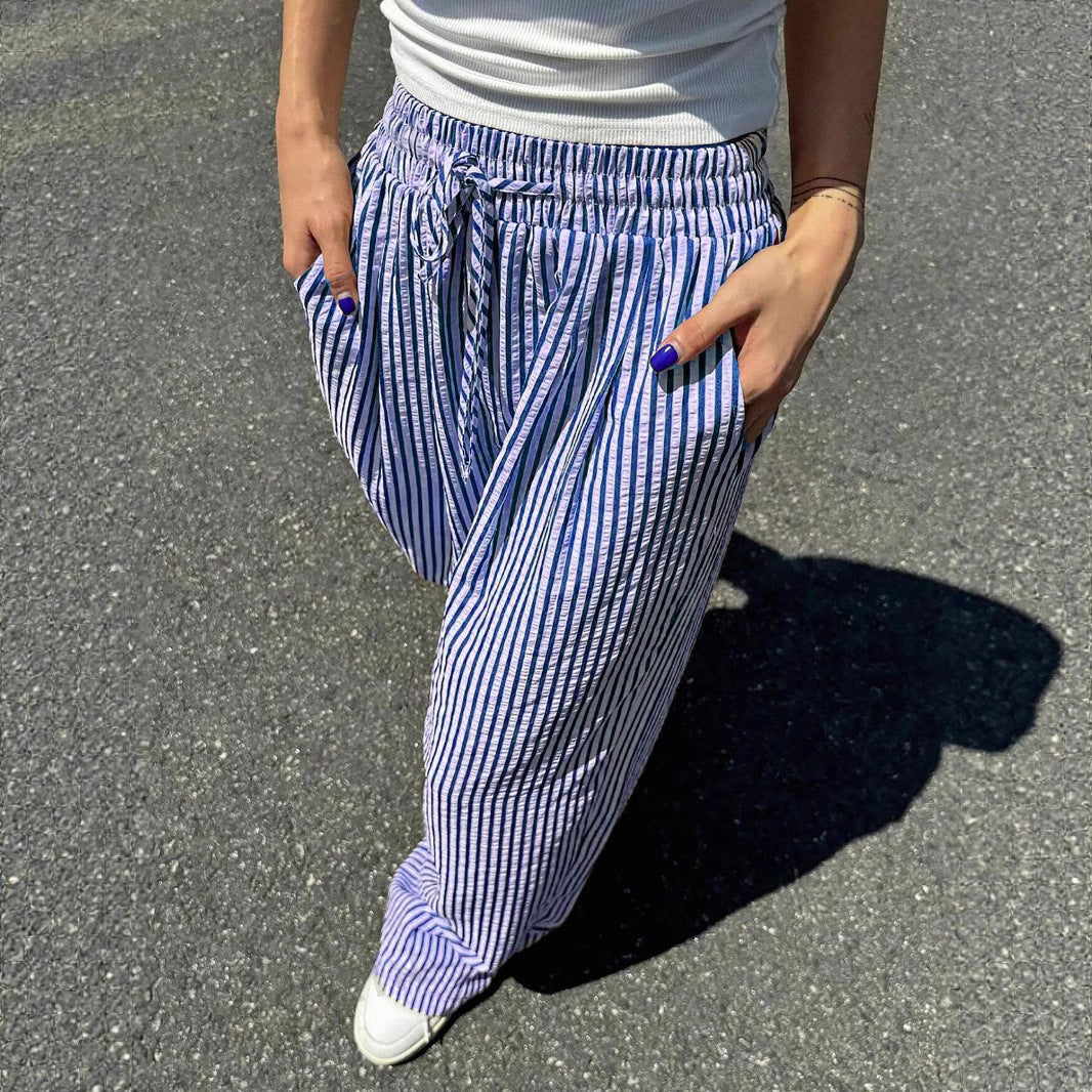 Women's High Waist Loose Casual Striped Straight-leg Pants