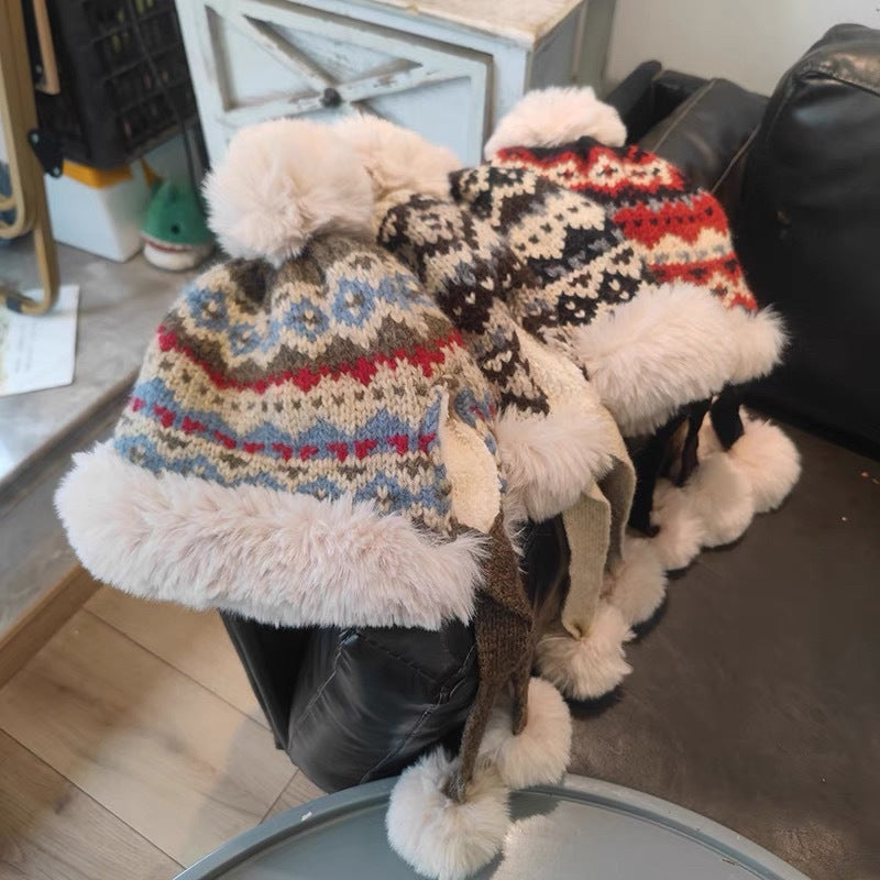 Retro Ethnic Style Plush Knitted Hat Women's Autumn And Winter Cold Protection Earflaps Woolen Cap