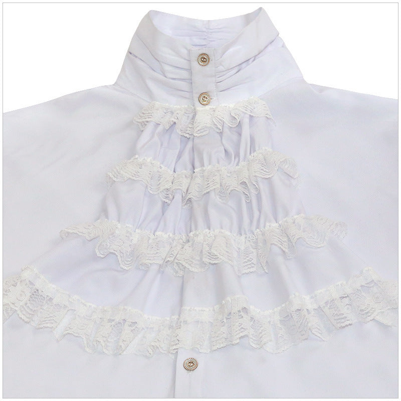 Mens Gothic Ruffle-Trimmed Stand-Up Collar Long-Sleeve Tie Shirt