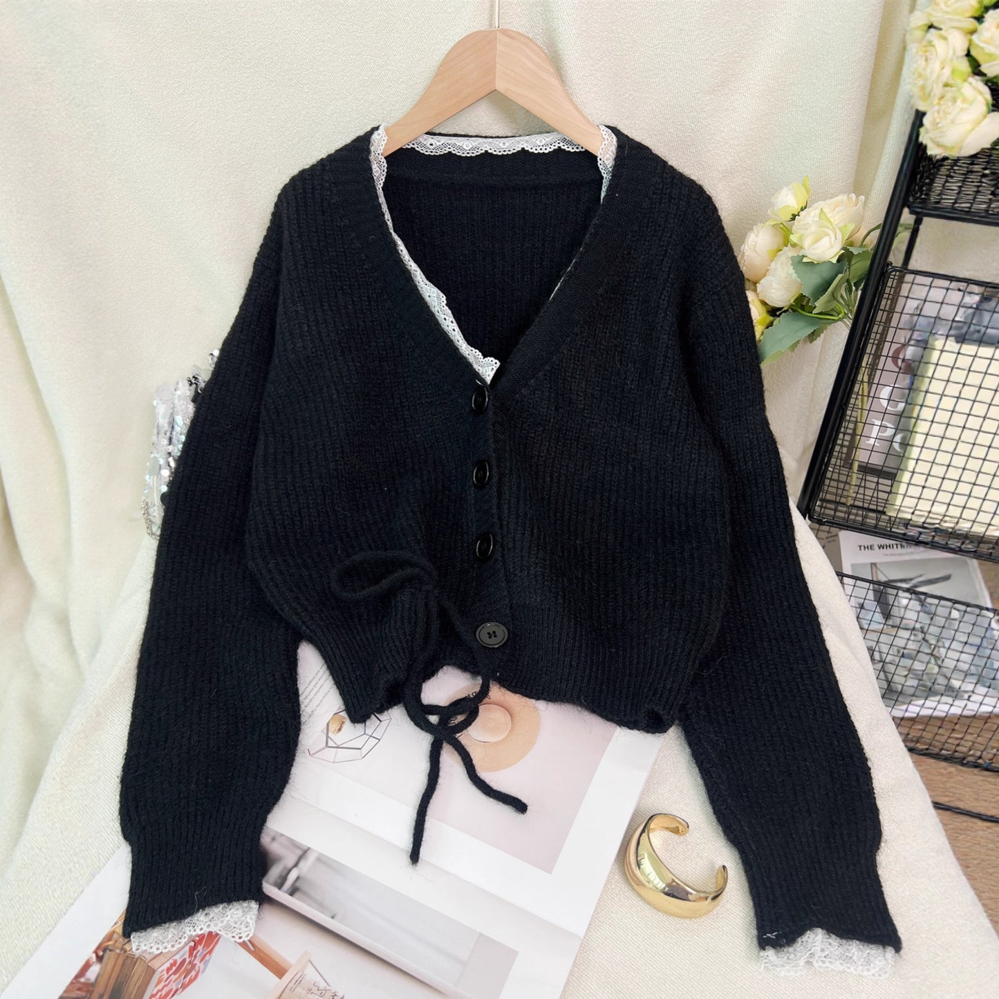 Stitching Lace Fashion Casual Knitted Cardigan V-neck Women's Sweater