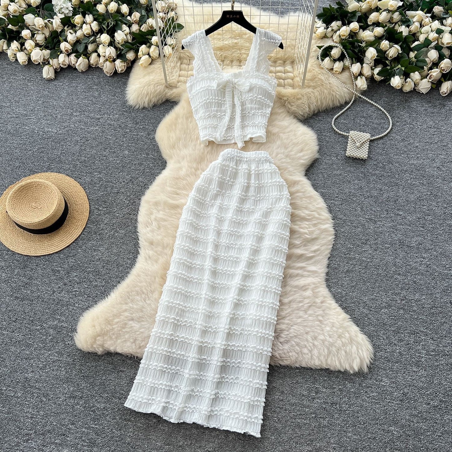 Bow-tie Square-neck Camisole With Cap Sleeves High-waisted Sheath Skirt