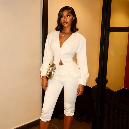 Womens Two-Piece Suit Long-Sleeve Defined-Waist V-Neck Blazer And PantsSkirt Set