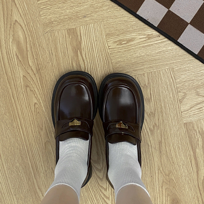 New Autumn And Winter Small Height Increasing Chunky Heel British Leather Shoes