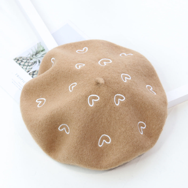 Stitched Ins Style Wool Knit Beret Women's Embroidered Hat