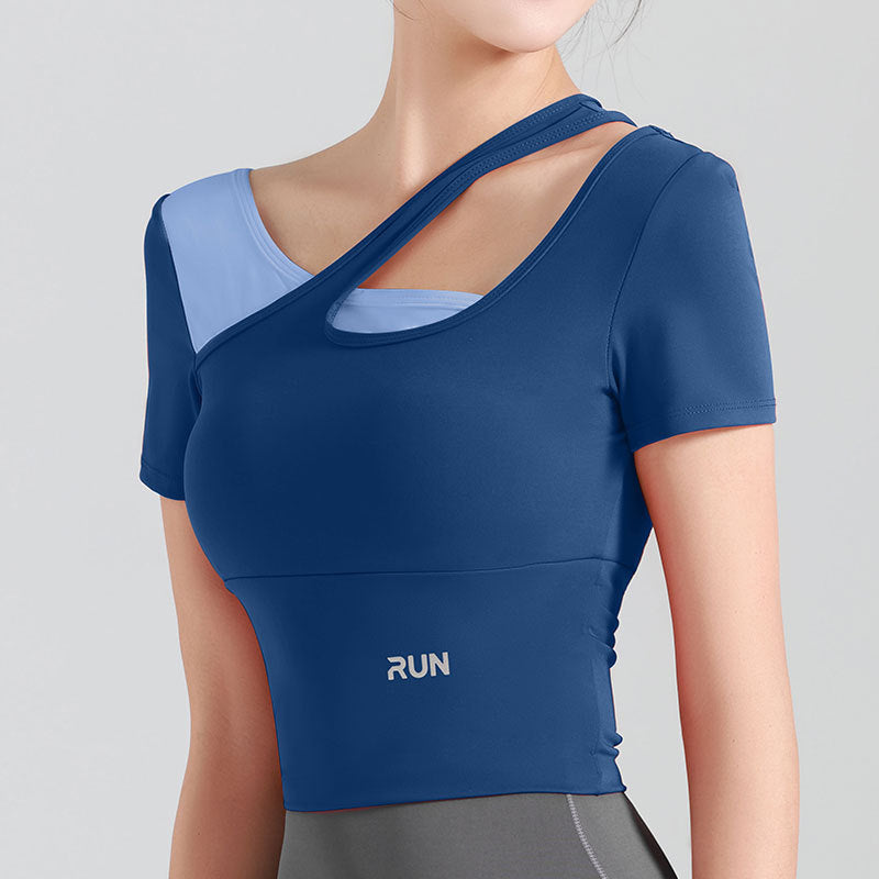 Peach Slanted Shoulder Color Matching Yoga Short-sleeved