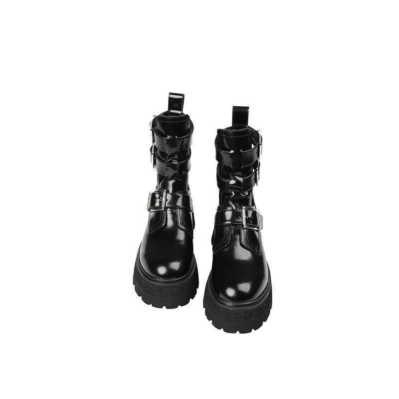 New Leather And Black Muffin Platform Hollow Boots