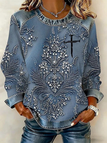 Retro Loose-fitting Pullover With A Printed Crew Neck