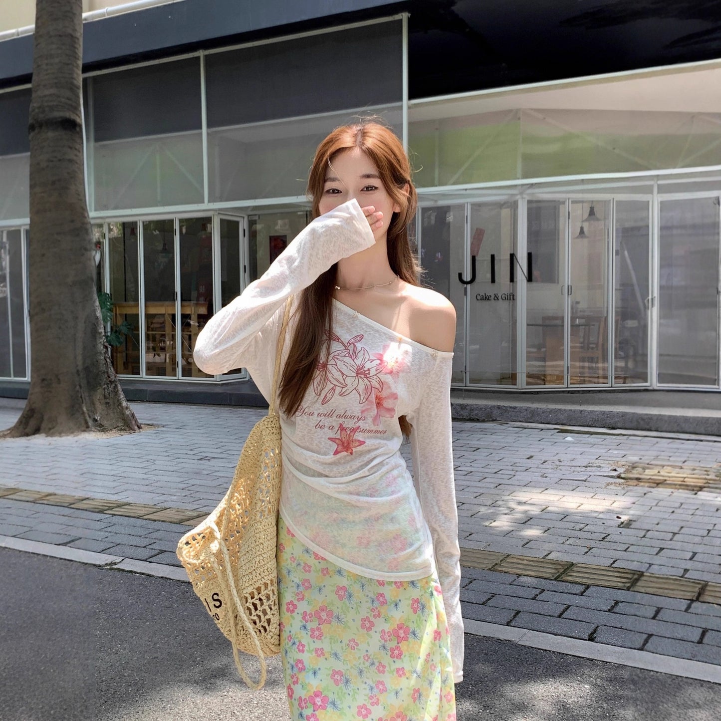Sweet Floral Print Off-Shoulder Sheer Blouse Long-Sleeve T-Shirt Womens Sun-Protective Off-Shoulder Top