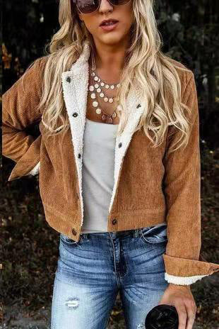 Ladies Wool Collar Lamb Wool Corduroy Stitching Jacket
