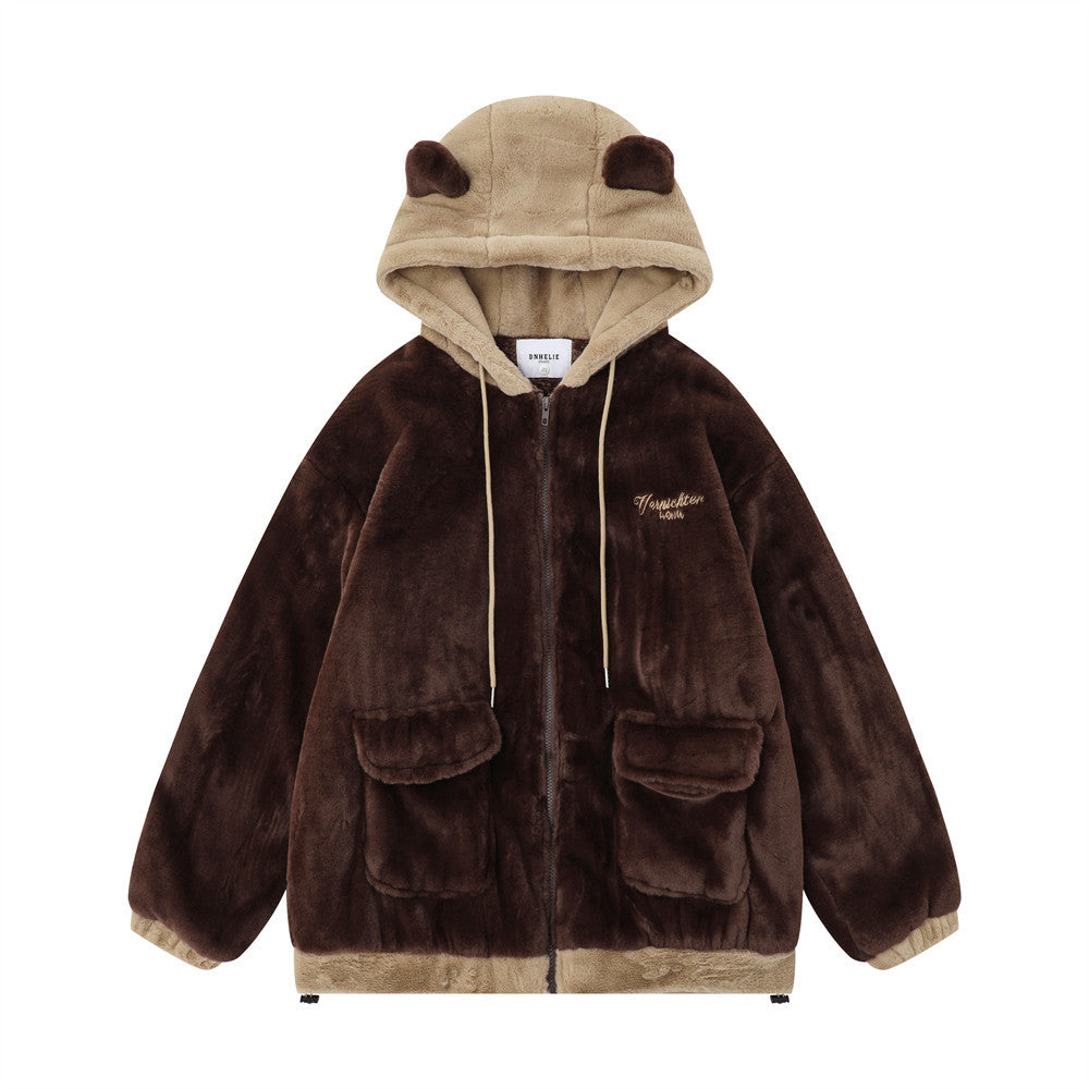 Cute Embroidered Bear Ear Hooded Lamb Plush Coat