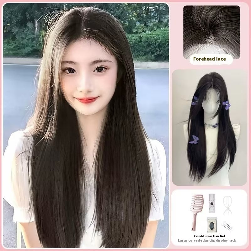 Breathable Mid-length Black Long Straight Forehead Lace Wig
